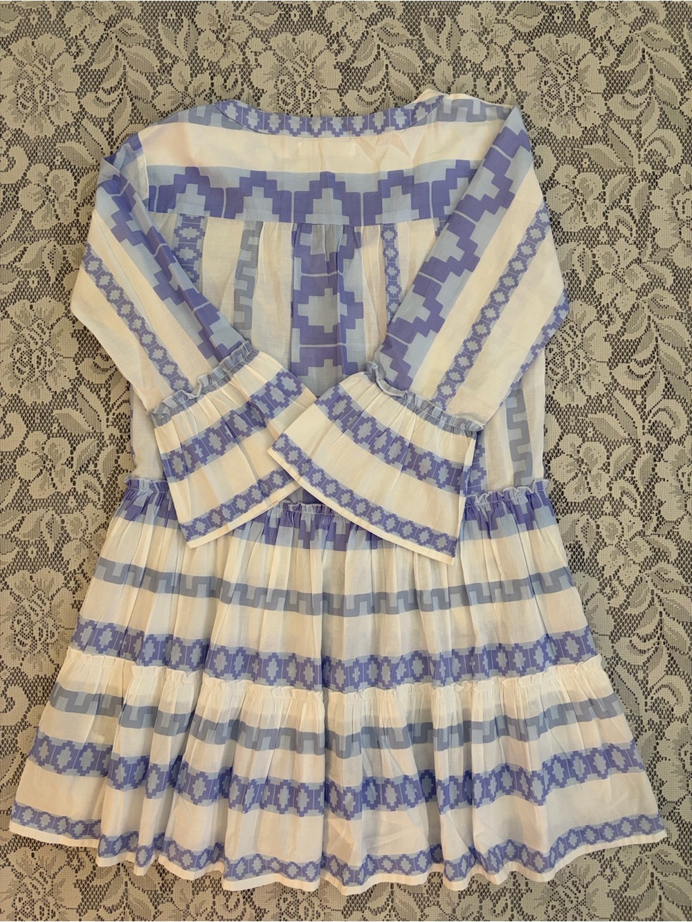 Bindu Cotton Blue & White Geometric Print Tiered Ruffled Bell Sleeves Mini Dress - Picture 6 of 9